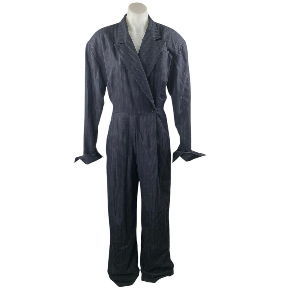 Women's Navy Blue Pinstriped Collared Long Sleeve Wide Leg Blazer Jumpsuit Sz M